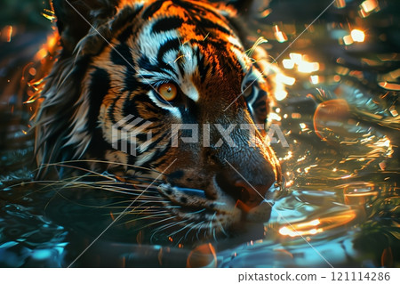 A majestic tiger swimming gracefully in shimmering water, showcasing its fierce beauty. 121114286