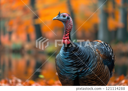 A majestic turkey stands proudly against a backdrop of vibrant autumn foliage. 121114288