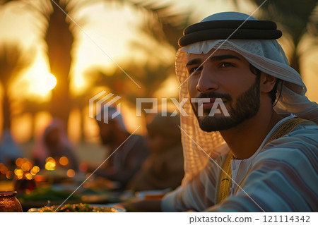 A man enjoying a traditional meal at sunset, surrounded by palm trees and friends. 121114342