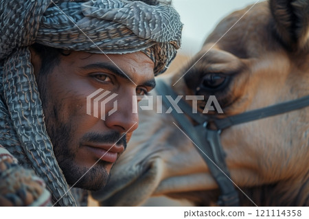 A man thoughtfully gazes at his camel, embodying a deep connection with nature. 121114358