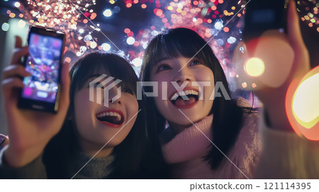 Two young women taking a selfie 121114395