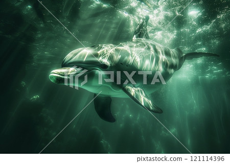 A serene dolphin swimming gracefully beneath the ocean's surface. A serene dolphin swimming gracefully beneath the ocean's surface. 121114396