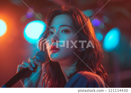 A singer captivates the audience with her vibrant performance under colorful stage lights. 121114430