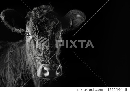 A striking black and white portrait of a cow, highlighting its features and expressions. A striking black and white portrait of a cow, highlighting its features and expressions. 121114446