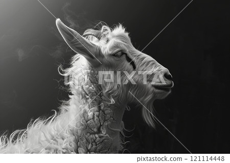 A striking black and white portrait of a goat against a dark background. 121114448