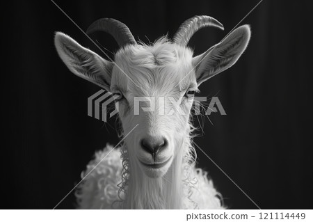 A striking black and white portrait of a goat with curly fur and an expressive gaze. 121114449
