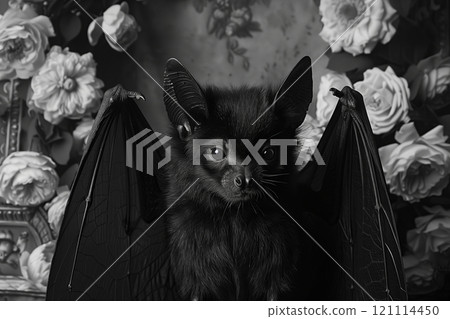 A striking black bat perched elegantly against a floral backdrop. 121114450