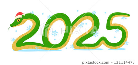 Snake in the shape of 2025 in a Santa Claus hat, symbol of the new year on a white. Snake in the shape of 2025 in a Santa Claus hat, symbol of the new year on a white. 121114473