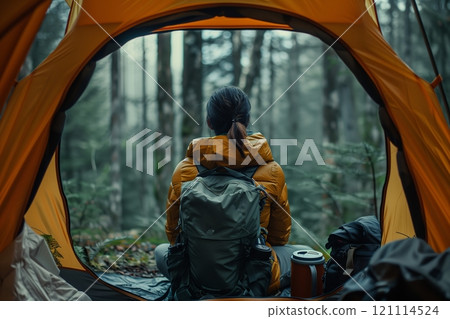 A traveler sits inside a tent, enjoying the serene forest view on an outdoor adventure. 121114524