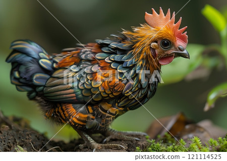 A vibrant and colorful chicken with unique feather patterns in a natural setting. 121114525