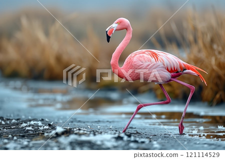 A vibrant flamingo walking gracefully through a serene wetland environment. 121114529