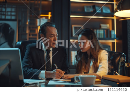 Professional meeting between two colleagues in an elegant office setting. 121114630