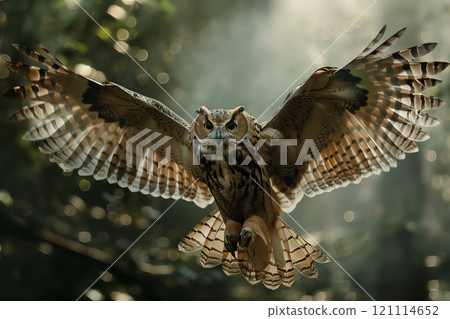 Majestic owl soaring through a misty forest, showcasing its powerful wings and keen eyes. 121114652