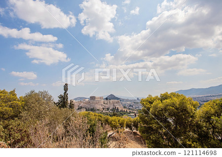 Ancient ruin and Acropolis hill. Athens, Greece. 121114698