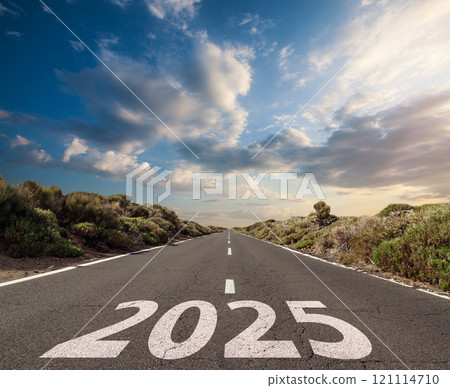 Future, strategy and success in New Year 2025 concept. Road with 2025 in country side. Future, strategy and success in New Year 2025 concept. Road with 2025 in country side. 121114710