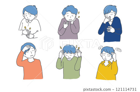 Illustration set 1 of a man with physical discomfort Illustration set 1 of a man with physical discomfort 121114731