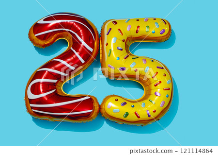 balloons of different colors forming the number 25 121114864