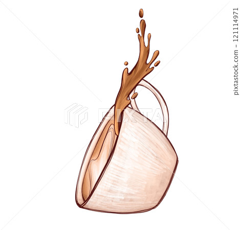 Hand-drawn coffee splash forming artistic curves. Isolated illustration of a white cup with brown liquid. Perfect artwork for coffee shop and brewing concepts Hand-drawn coffee splash forming artistic curves. Isolated illustration of a white cup with brown liquid. Perfect artwork for coffee shop and brewing concepts 121114971