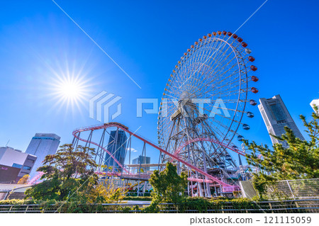 Yokohama cityscape in Japan - View of the large Ferris wheel and roller coaster around Sakuragicho Station (December 8th) 121115059