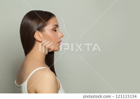 Cosmetology concept. Beautiful female profile with white line Cosmetology concept. Beautiful female profile with white line 121115134