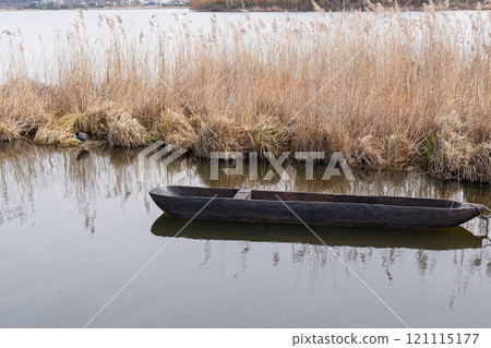 A traditional wooden dugout canoe floating on a calm lake, surrounded by tall reeds and natural scenery A traditional wooden dugout canoe floating on a calm lake, surrounded by tall reeds and natural scenery 121115177