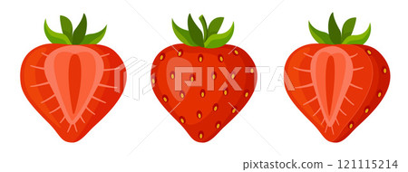 Strawberry, fresh bright halved and whole berries flat style isolated 121115214