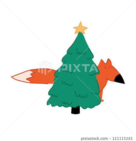 A fun illustration of a cute res fox hiding behind a Christmas tree. Adorable forest animal. A fun illustration of a cute res fox hiding behind a Christmas tree. Adorable forest animal. 121115281