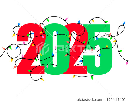 2025 Happy New Year. Garland of multi-colored light bulbs wrapping around the numbers 2025 in red and green colors. Christmas lighted garland. Design for posters and banners. Vector illustration 121115401