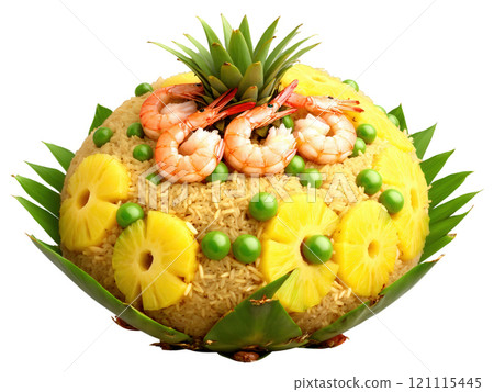 Fried Rice served in a hollowed-out pineapple, with shrimp, peas, and vibrant green, yellow, and red 121115445