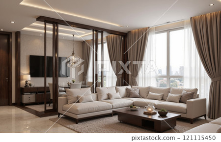 A sophisticated living room with mocha mousse-colored curtains cascading from the ceiling to the floor. The smooth, glossy fabric adds 121115450