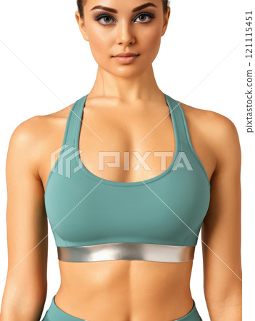 luxurious teal sports bra with intricate silver detailing along the straps and neckline. The fabric is soft and supportive, ideal 121115451