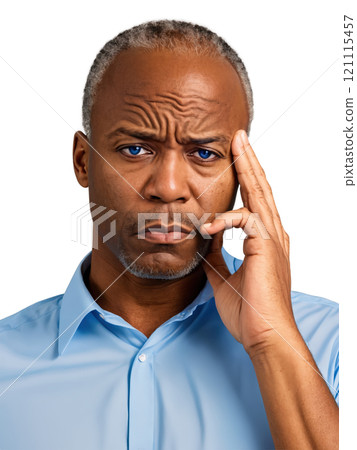 A African American middle-aged man with blond shoulder-length hair, blue eyes, wearing casual, showing frustration with a frown, with one A African American middle-aged man with blond shoulder-length hair, blue eyes, wearing casual, showing frustration with a frown, with one 121115457