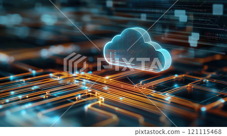 Digital transformation concept. Cloud computing with glowing circuits and digital cloud icon 121115468
