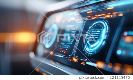 Digital transformation concept. Futuristic digital interface with glowing holographic elements in modern setting 121115470