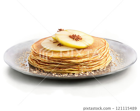Pancakes oat bran with sliced pears and a sprinkle of cinnamon on a transparent glass 121115489