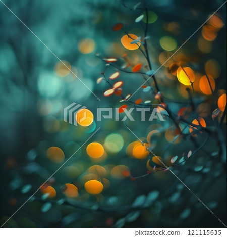 A somewhat blurry image depicting a tree branch adorned with leaves 121115635