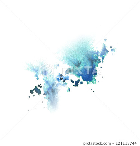 Blue, turquoise paint splashes with a brush, dots, drops, abstract. Watercolor illustration hand-drawn isolated from the background for design, decoration and addition of plots, backgrounds Blue, turquoise paint splashes with a brush, dots, drops, abstract. Watercolor illustration hand-drawn isolated from the background for design, decoration and addition of plots, backgrounds 121115744