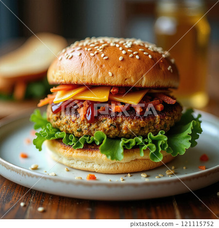 Veggie burger with fresh toppings Veggie burger with fresh toppings 121115752