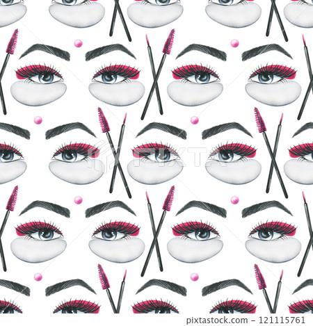 False eyelashes for extensions, tweezers, women's eyes, patches and flowers. Hand drawn watercolor illustration. Seamless pattern on a white background. 121115761