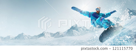 Banner. Energetic snowboarder dressed in bright colors turning sharply, scattering snow under radiant sunlight, framed by crisp, clear winter skies. Banner. Energetic snowboarder dressed in bright colors turning sharply, scattering snow under radiant sunlight, framed by crisp, clear winter skies. 121115770