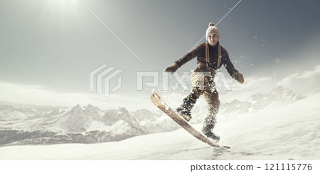 Vintage-dressed snowboarder gracefully balancing on snow, immersed in serene winter atmosphere, against soft light and panoramic mountain views. Vintage-dressed snowboarder gracefully balancing on snow, immersed in serene winter atmosphere, against soft light and panoramic mountain views. 121115776