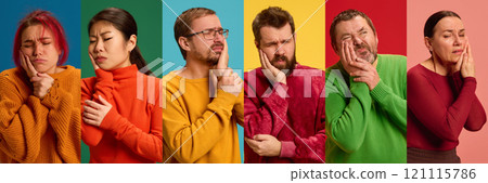 Collage. Banner. People of different ages and races suffering from toothache against vibrant, multicolored studio background. 121115786