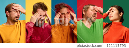 Collage. Young people dressed casually holding hands on head felling migraine, headache against vibrant studio background. 121115793