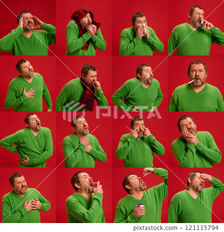 Portrait of mature man feels bad, sick posing against vibrant red studio background. Collage of symptoms and treatments. 121115794