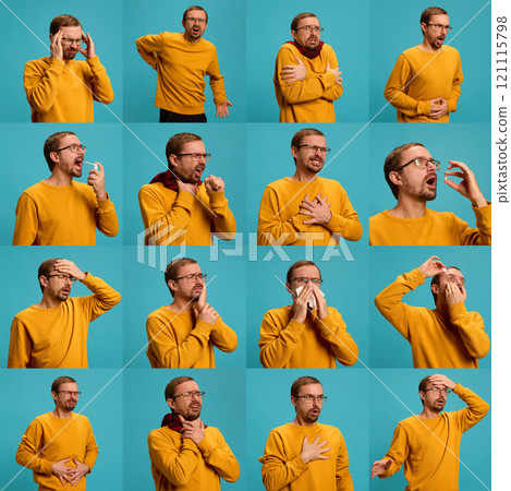 Mosaic made of portraits sick, feels badly man suffering from rainy nose and cough against vibrant yellow studio background. Symptoms and treatment. 121115798