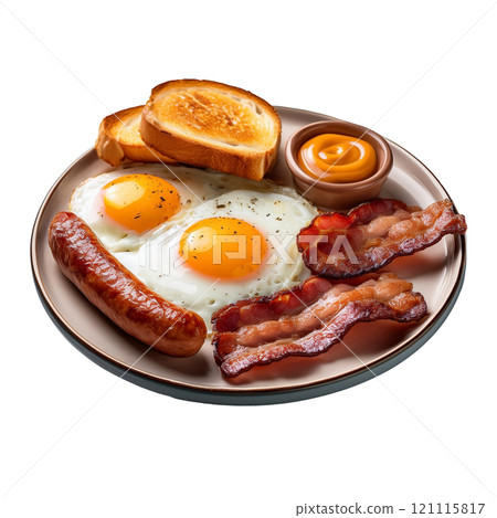 Breakfast plate with crispy bacon, savory sausage, and fried eggs, isolated on transparent background, perfect for food photography and morning meal styling 121115817