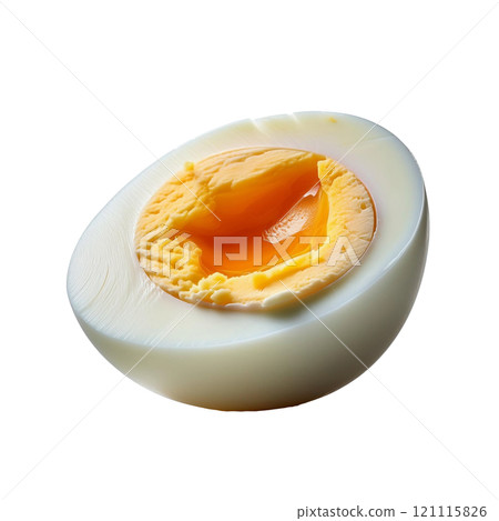 Boiled egg with a smooth, firm white and perfectly cooked yolk, isolated on transparent background, ideal for food photography, healthy meals, and breakfast stylin 121115826