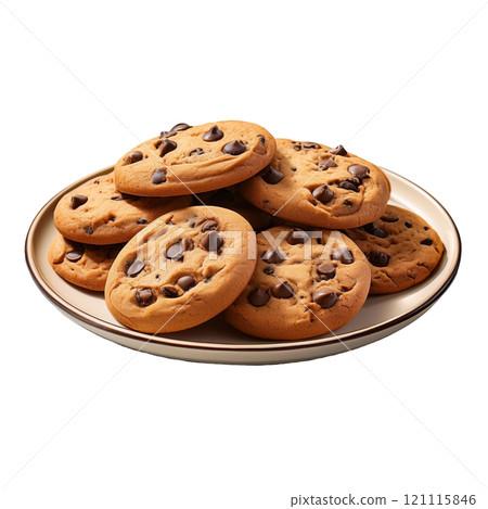 Plate of homemade chocolate chip cookies with gooey chocolate chunks, isolated on transparent background, perfect for dessert photography, sweet treats, and food styling 121115846