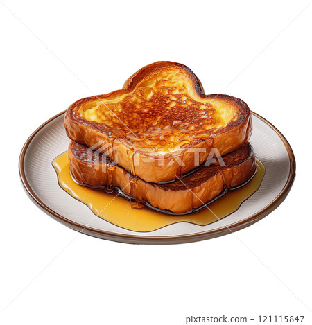 Plate of golden French toast with a crispy exterior and soft interior, isolated on transparent background, perfect for breakfast photography, sweet treats, and food styling 121115847