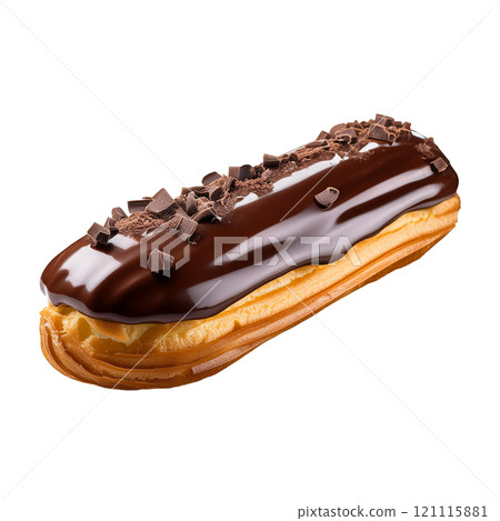 Delicious chocolate eclair with rich filling and smooth chocolate glaze, isolated on transparent background, perfect for dessert photography, bakery treats, and food styling 121115881